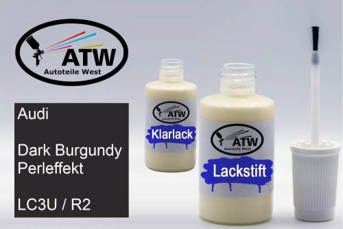 Audi, Dark Burgundy Perleffekt, LC3U / R2: 20ml Lackstift + 20ml Klarlack - Set, von ATW Autoteile West.